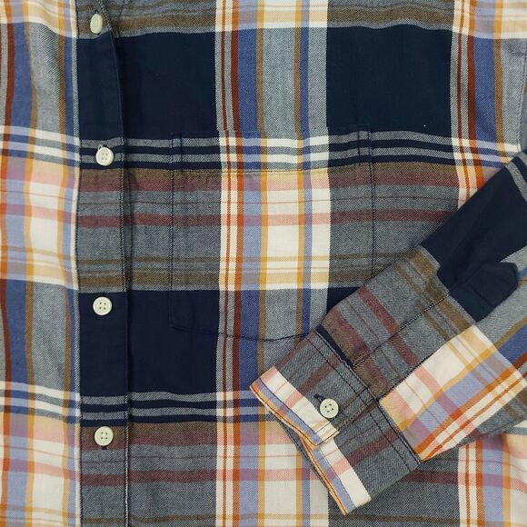 Old Navy The Boyfriend Shirt Womens Medium Blue Brown Plaid Button Long Sleeve - Picture 3 of 11